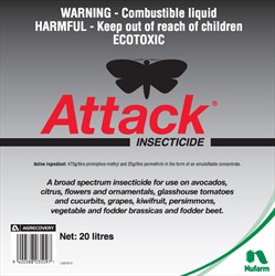 Pesticide label for Attack (top or central panel): common and chemical names, what is in the product, what it is used for, as well as the risks involved in using it.